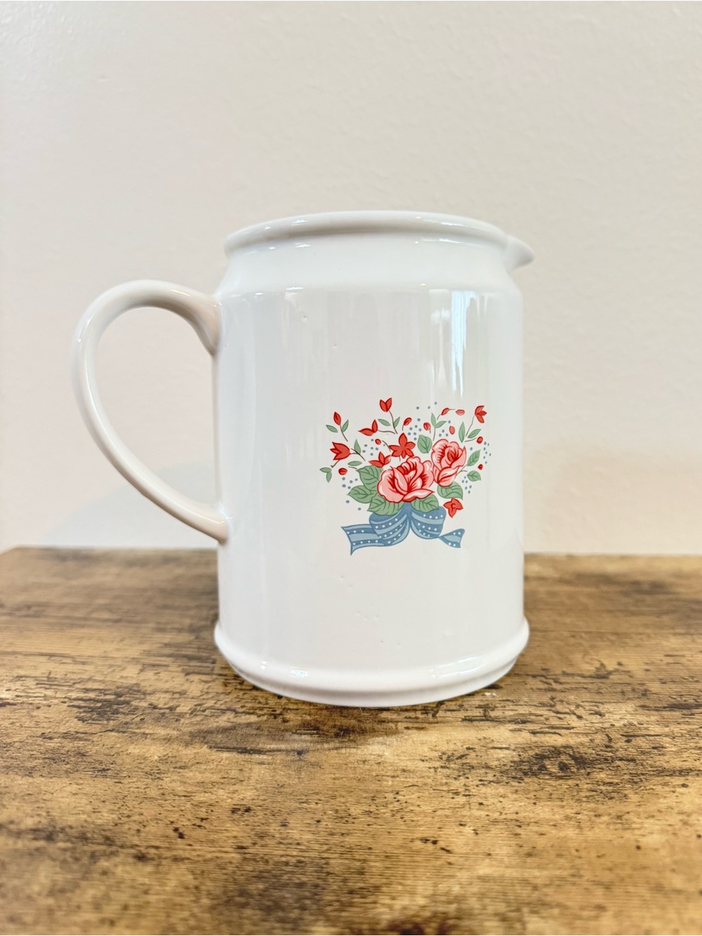 White Ceramic Floral Pitcher | Red Roses Blue Ribbon - Picture 4 of 12
